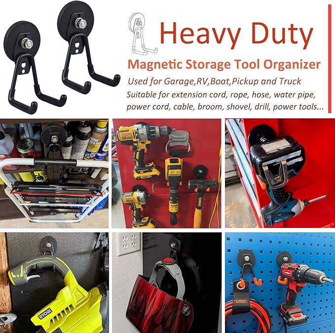 ULIBERMAGNET Heavy Duty Magnetic Garage Hooks,4 Pack Strong Large Magnet Hook for Power Drill,Garden Tools,Hose,Pegboard,Gara