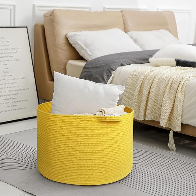 MEGASKET Extra Large Yellow Basket, 22” X 22” X 14” Cotton Rope Yellow Decor for Living Room Bedroom, Woven Basket for Blanke