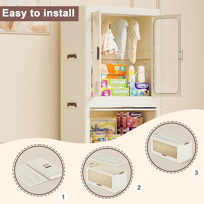 Portable Closet Wardrobe with Magnetic Doors, Foldable Armoire Wardrobe Closet with Hanging Rod, 4 Cubes and 10 Hangers, Free
