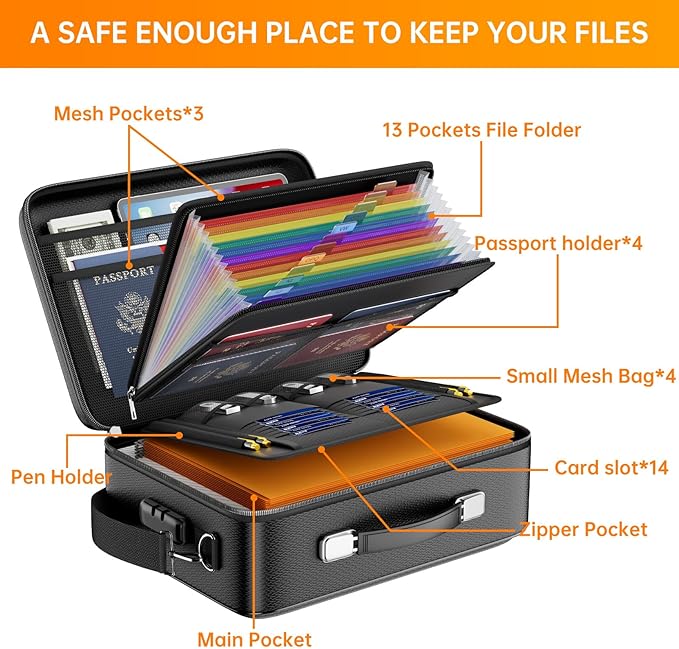 DocSafe Fireproof Document Box with Lock, Hard Case File Organizer with Accordion File Folder, Fireproof Water Resistant Safe