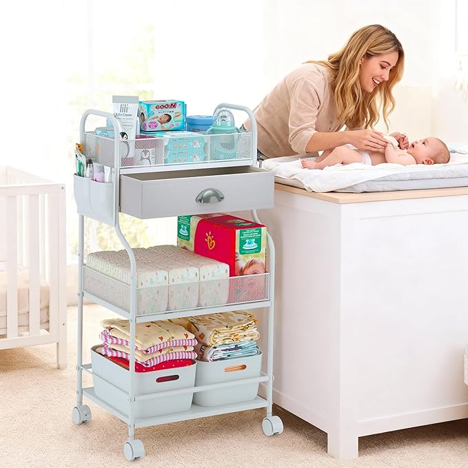 Baby Diaper Caddy Cart Organizer -3 Tier, Bedside Nursery Essentials Organizer & Storage Holder for Newborn Baby Stuff, 2+1 D