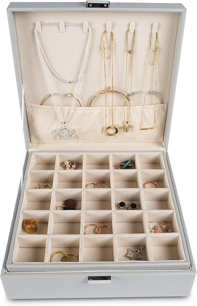 Frebeauty Earring Organizer Classic Jewelry Box 50 Slots Double Layer Jewelry Storage Case with 6 Necklace Hook and Bracelet 