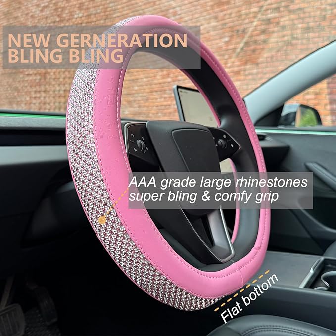 PINCTROT D Shaped Bling Comfy Steering Wheel Cover with Jumbo Crystal Rhinestones, Anti-Slip Diamond Leather, Flat Bottom 14.5-15 Inch (All Pink)