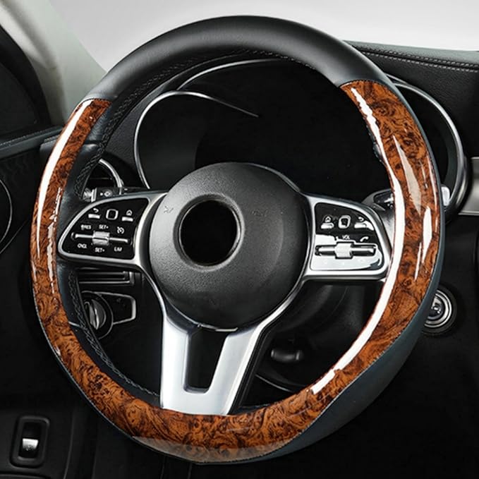 Wood Grain Steering Wheel Cover Microfiber Leather Breathable Anti Slip Universal Protector 14.5-15 inch Car Interior Accesso