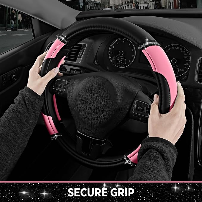 Road Comforts Leather Steering Wheel Cover - Made with PVC Leather - Anti-Slip, Universal Fit 14 1/2 inches to 15 inches - Pi