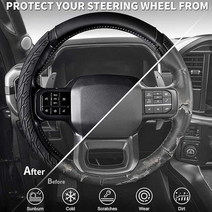 CAR PASS Leather Rubber Steering Wheel Cover Combo Set Universal Fit for Truck SUV Car Ram F150 Tundra 4Runner Tacoma Mobile Phone Holder Anti-Slip Heavy Duty Tire Tread Large-Size 15.5"-16" Black