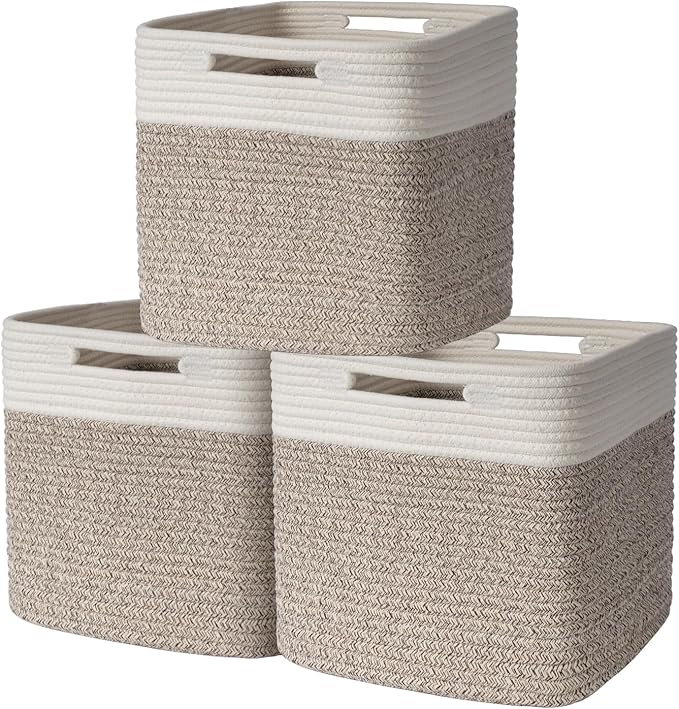 AELS Hand Woven Cotton Baskets for Storage, Cube Storage Bins with Handles, Foldable Collapsible Closet Organizers and Storag