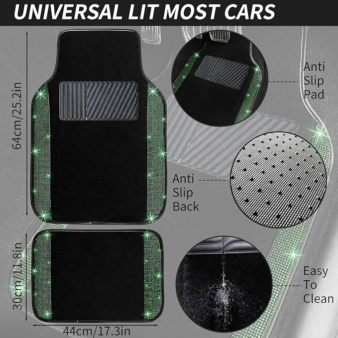 NBTEPEM Bling Car Floor Mats Full Set and Steering Wheel Cover, Universal Fit Most Cars, 4 pcs Sparkle Glitter Diamond Carpet, 5 pcs Bling Car Accessories Set for Women (Green Diamond)