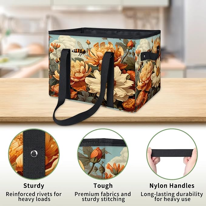Reusable Grocery Bags Heavy Duty Shopping Bags Foldable Large Tote Bags with Long Handles & Hard Bottom