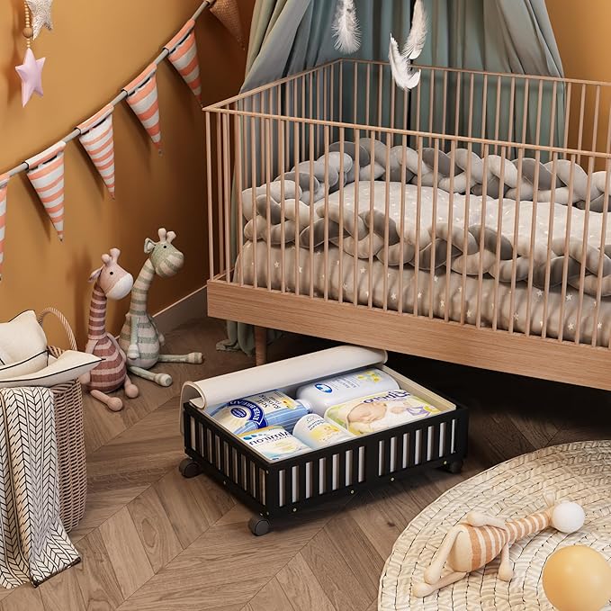 Bamboo Under Bed Storage Containers with Wheels, Rolling Under the Bed Shoe Storage Bins, Wood Stackable Underbed Drawers wit
