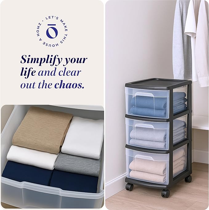 HOMZ 2-Pack Drawer Tower, 3-Tier Clear Plastic Storage Organizer Cart, Black Frame - Organizing Containers with Wheels for Ho