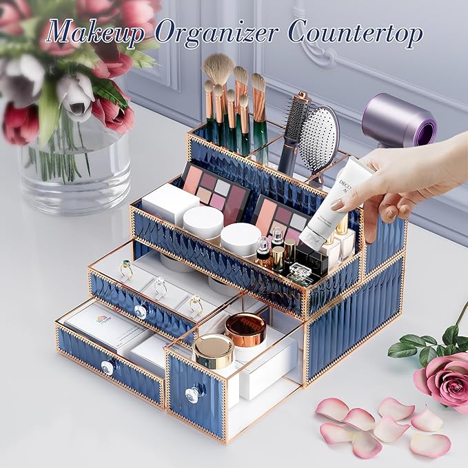 Makeup Organizer Blue - Tempered Glass Vanity Organizer for Cosmetics, Skincare, Hair Tools, Brushes, Perfume - Multipurpose 
