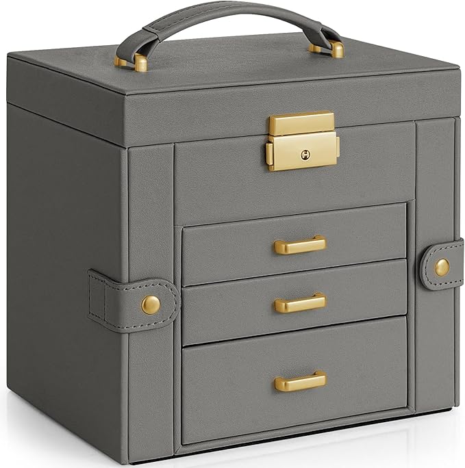 AKOZLIN 4-Tier Jewelry Box Leather Jewelry Storage Organizer with 3 Drawers Lockable for Women Girls Ring Necklace Earring Br