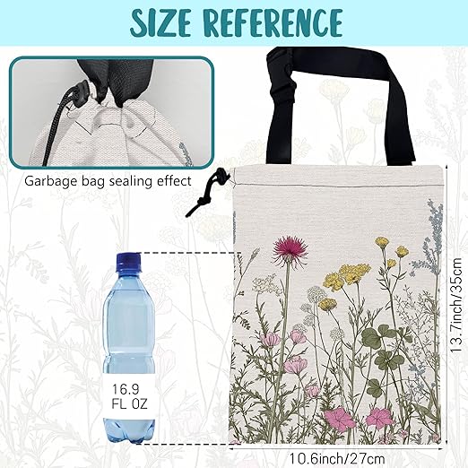 Car Garbage Bag Vintage Botanical Wildflowers Drawstring Car Trash Bag Hanging for Back Seat with Adjustable Buckle Canvas Vehicle Trash Can Easy-to-Install