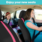 FH Group Unique Flat Cloth Full Set Car Seat Covers w. Silicone Steering Wheel Cover- Universal Fit for Most Cars, Trucks, SUVs or Vans (Pink/Black)