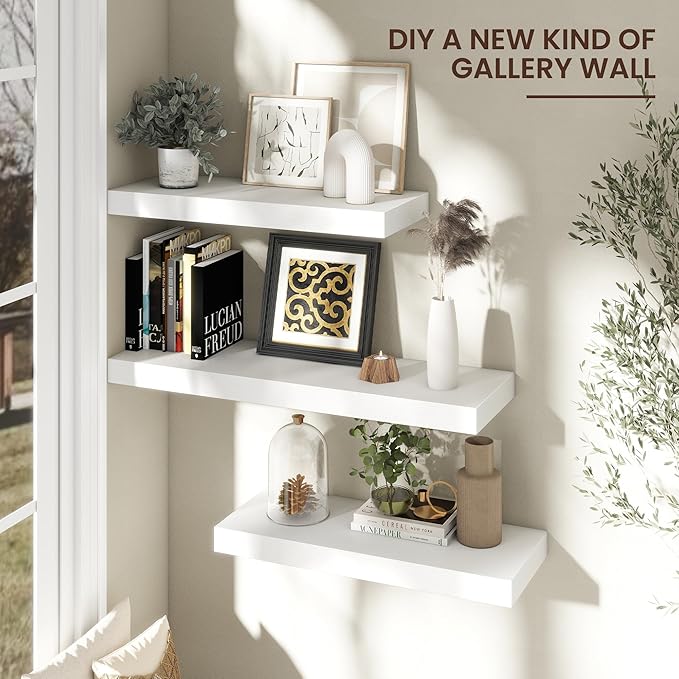 Floating Shelves for Wall, 30" W x 12" D x 2" H, 2 Pack of Long Wall Mounted Engineered Wood Shelves with Invisible Brackets 