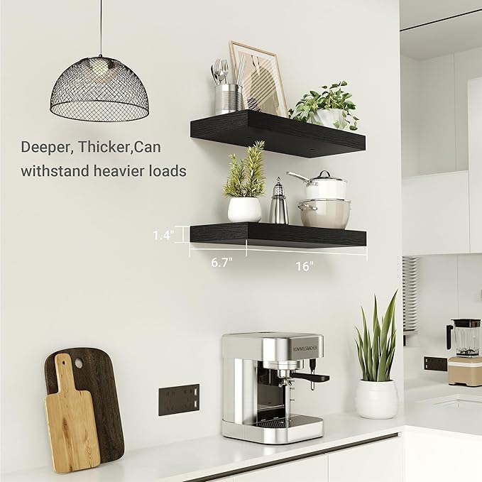Vivelove Black Bathroom Shelves Over Toilet, 16" Floating Shelves, Wall Shelf for Bathroom Bedroom, Living Room, Kitchen, Off