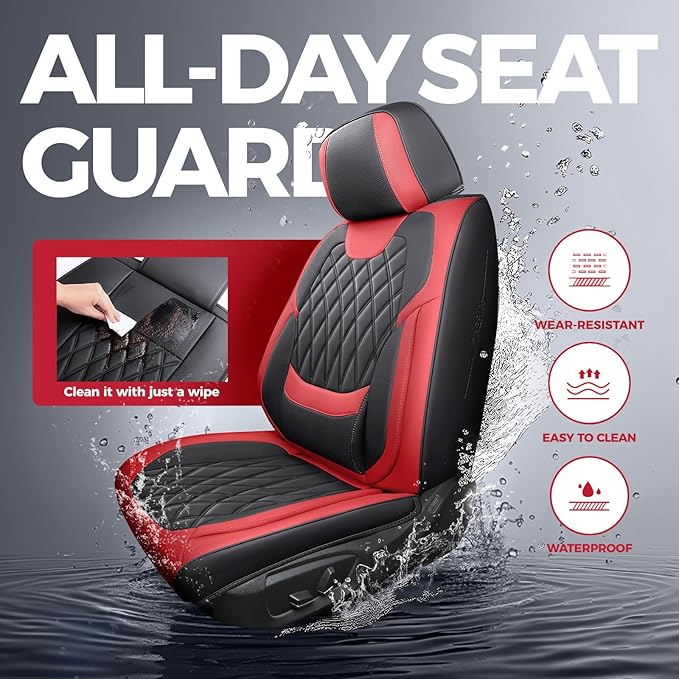 FREESOO Black Red Car Seat Covers Full Set - Faux Nappa Leather Seat Covers for Cars, Breathable Waterproof Front Seats with 