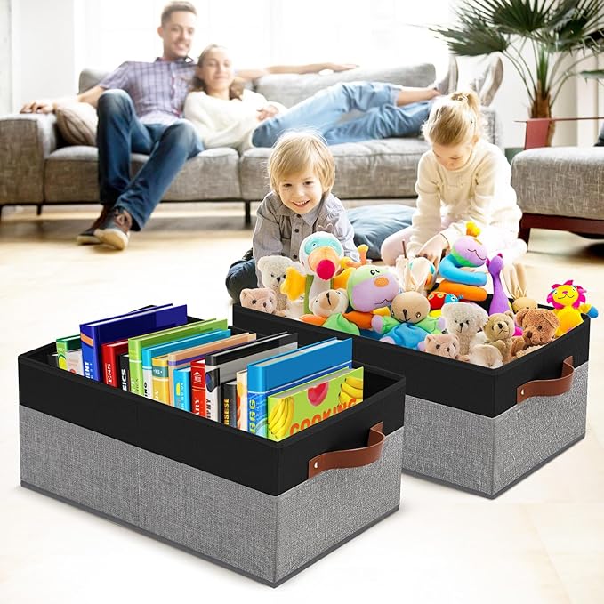 3 Pack Large Capacity Storage Bins Closet Organizer for Shelves, Fabric Closet Storage Baskets Boxes with Leather Handles for