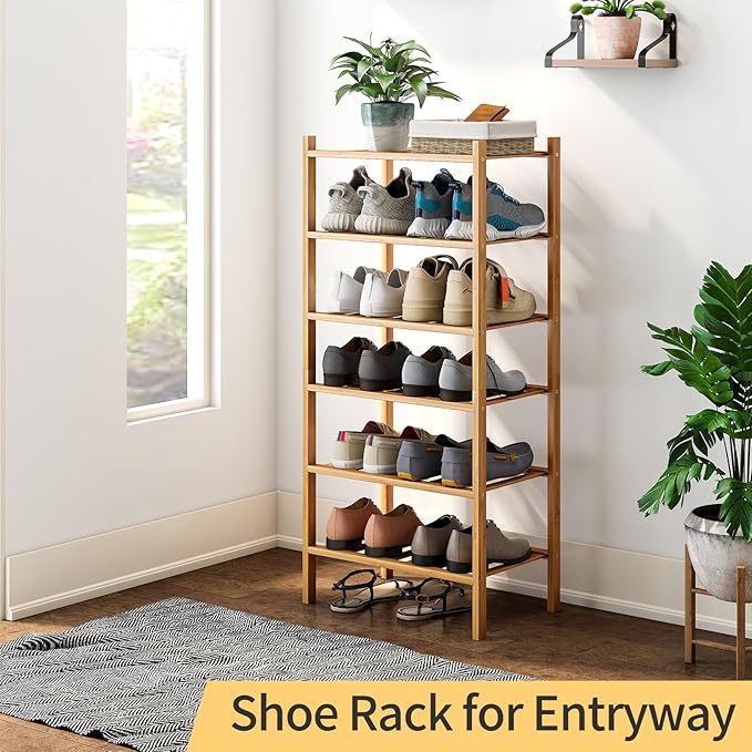 6-Tier Small Shoe Rack for Entryway, Stackable | Heavy Duty | Multi-Function, Bamboo Free Standing Shoe Racks for Bedroom Hal