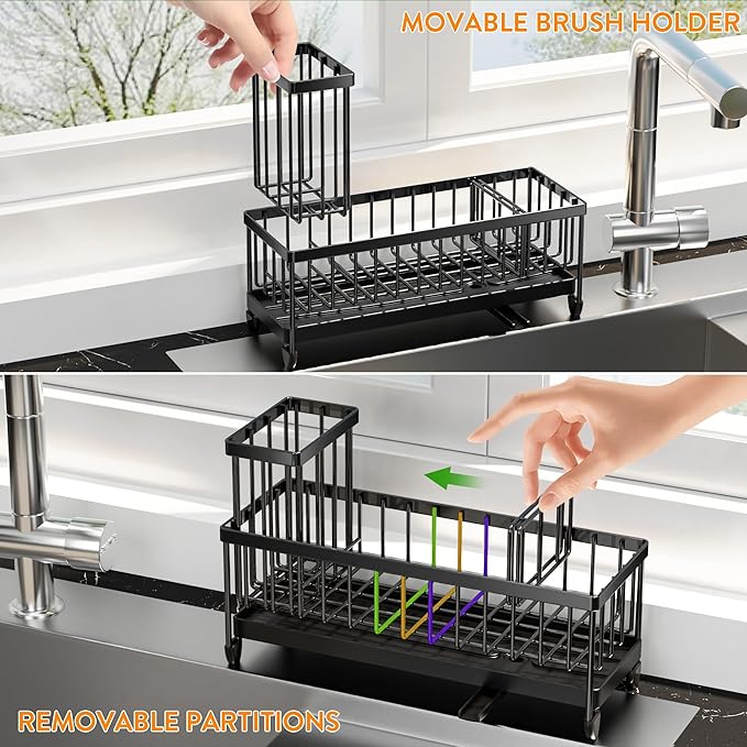 Cisily Sponge Holder for Kitchen Sink, Sink Caddy Organizer with High Brush Holder, Kitchen Countertop Organizers and Storage