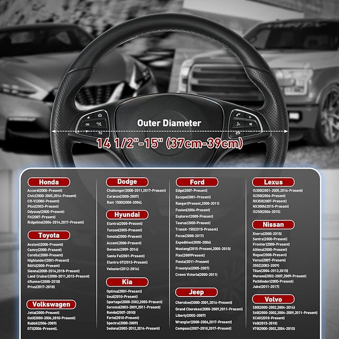 SEG Direct Steering Wheel Cover 14.5-15 inch (37-39 cm) Medium Size, Microfiber Leather, Non-Slip Comfortable Grip, Fits Cars
