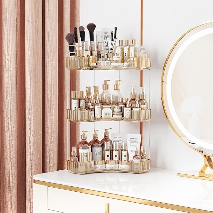 Asayuee 3-Tier Corner Bathroom Counter Organizer with Top Toothbrush Holders,Large Makeup Organizer Countertop with Brush Hol