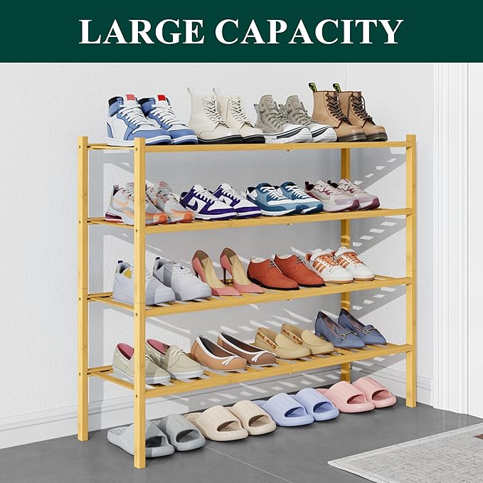 Smiry Bamboo Shoe Rack for Closet, 4 Tier Long Wooden Stackable Shoe Organizer, Free Standing Shoes Storage Shelf for Entrywa