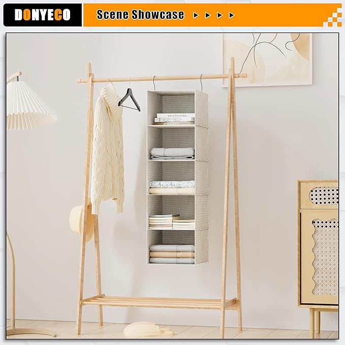 Hanging Closet Organizer, Easy Mount Foldable 5-Shelf Hanging Closet Wardrobe Storage Shelves, Clothes Handbag Shoes Accessor