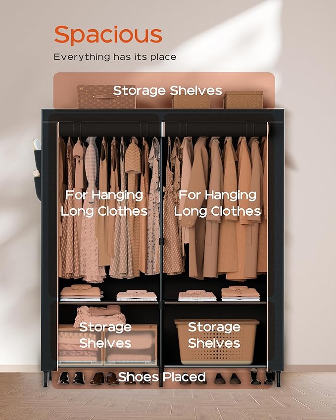 CASAMAYA Portable Closet, 54.3 Inch Large Capacity Wardrobe Closet with Cover, Clothes Storage Organizer with Shelves and 2 H