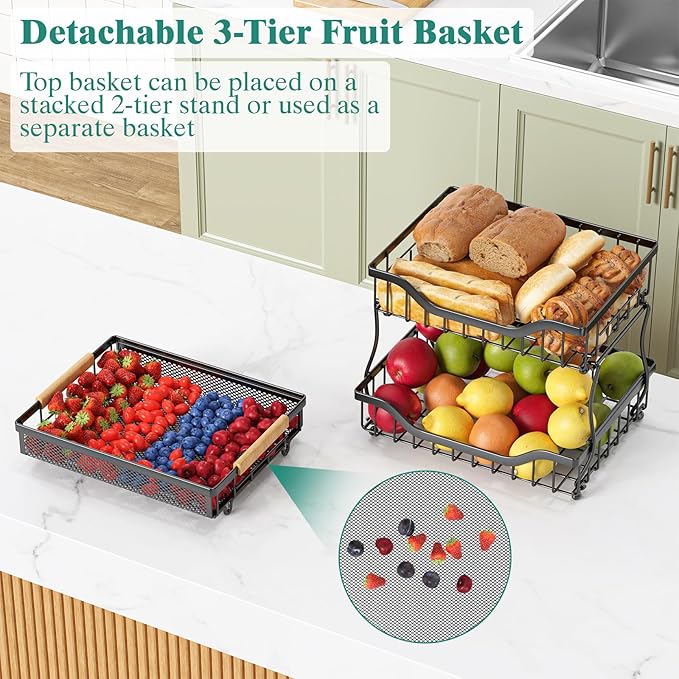 Giwil 3 Tier Countertop Fruit Mesh Basket for Kitchen, Vegetable Storage Bread Fruit Bowl Stand with 2 Banana Hooks, Wall Mou