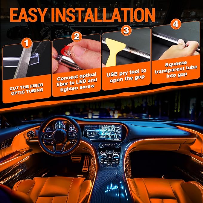 Interior Car LED Strip Lights, RGB 6-in-1 16 Million Colors Ambient Lighting Kit with 390 inches Fiber Optic Wireless APP & Remote Control Music Sync