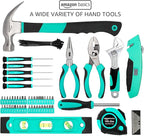 Amazon Basics 104-Piece Home Repair Household Tool Set with Easy Carrying Round Pouch, Portable Hand Tool Kit, Turquoise, 14.