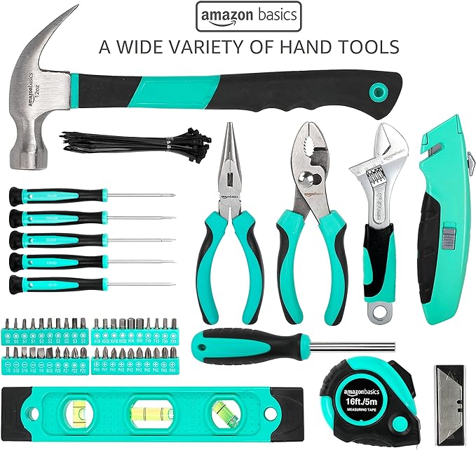 Amazon Basics 104-Piece Home Repair Household Tool Set with Easy Carrying Round Pouch, Portable Hand Tool Kit, Turquoise, 14.