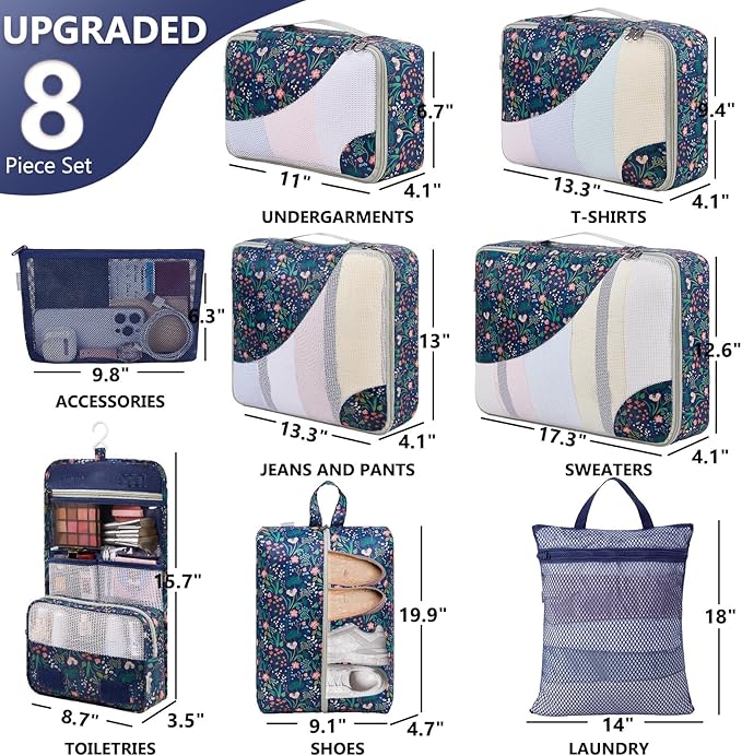 8 Set Packing Cubes for Travel, Gifts for Women Mom,Anti-Tearing Suitcase Organizer for Luggage with Shoe & Hanging Toiletry 