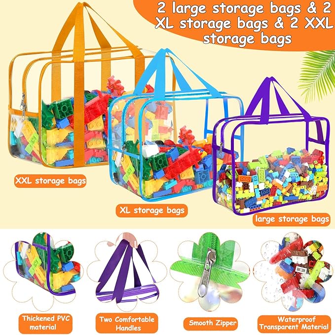 6 Color Toy Storage Bags with Labels, Reusable Clear PVC Board Game Storage, Travel Waterproof Organizer Bags with Zipper Lar