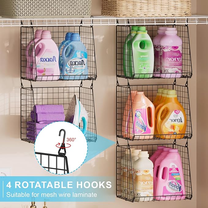 3-Pack Extra-Tall 13.6'' Hanging Laundry Basket Organizer, Foldable Wire Shelf with 360° Rotating Hooks & Reinforced Height -