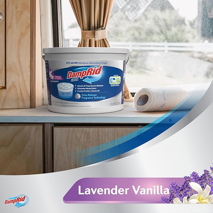 DampRid Hi-Capacity-Moisture Absorber Bucket, Fragrance Free, 2 lb. 15.5 oz. & Moisture-Detection Strip, Attracts & Traps Exc