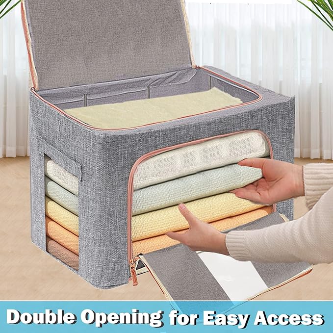 Large Storage Bags,Stackable Clothes Storage Bins with Hold Shape Metal Frame,Foldable Closet Organizer Containers with Zippe