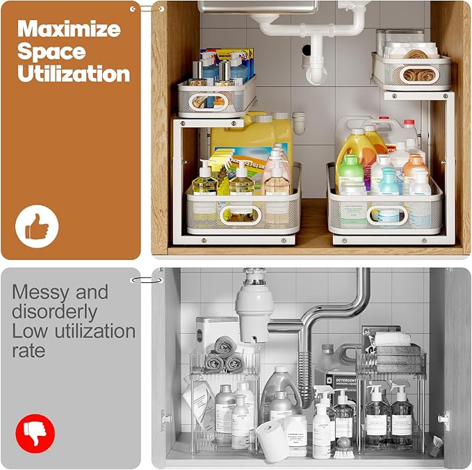 2 Pack 21.3IN-Depth Under Sink Organizer with Smooth Cylindrical Rail,2-Tier Pull Out Multi-Purpose Cabinet Storage for Bathr