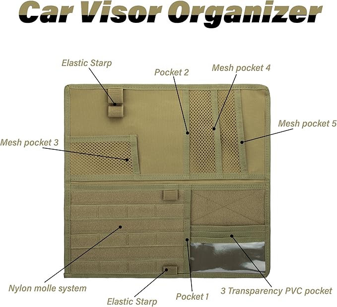 Tactical Visor Organizer, Car Visor Organizer, Sunvisor Organizers, Tactical Visors Cover Molle Webbing, Truck Accessories for Men, Car Sunshade Storage Pouch (Khaki)
