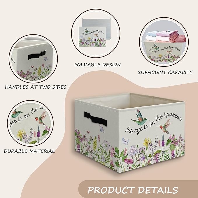 Wildflower Hummingbird Christian Foldable Storage Bins Box with Handles, His Eye Is on the Sparrow Religious Collapsible Orga