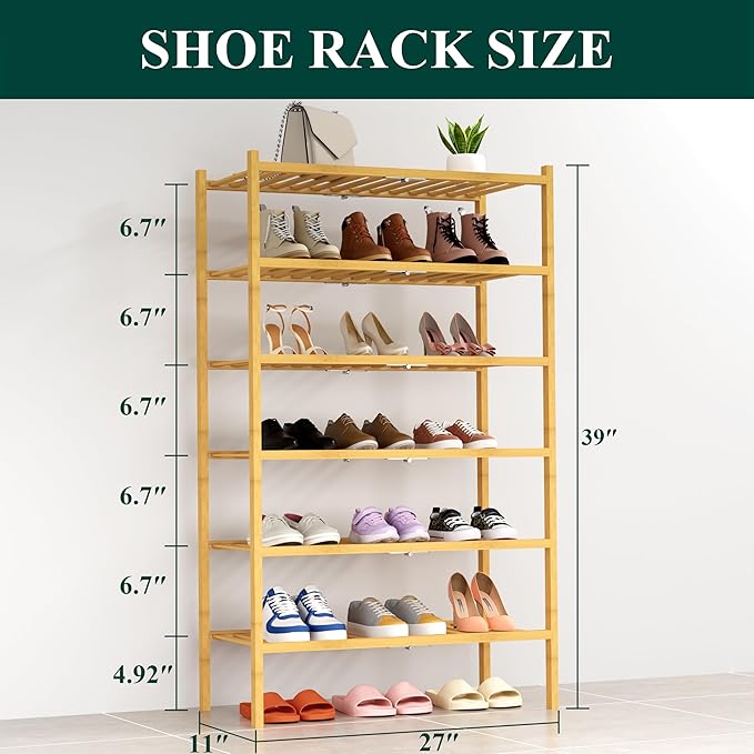 Smiry Shoe Rack, 6 Tier Thick Bamboo Shoe Organizer, Stackable Free Standing Wooden Shoe Storage Shelf for Closet, Entryway, 
