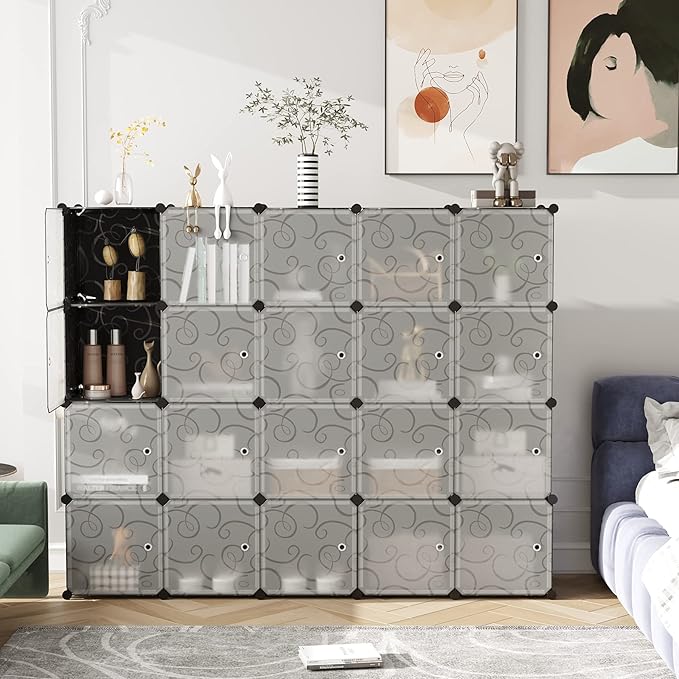 C&AHOME Cube Storage Organizer, 20-Cube Storage Shelving with Doors, Modular Book Shelf, Plastic Shelves Organizing Units, Id