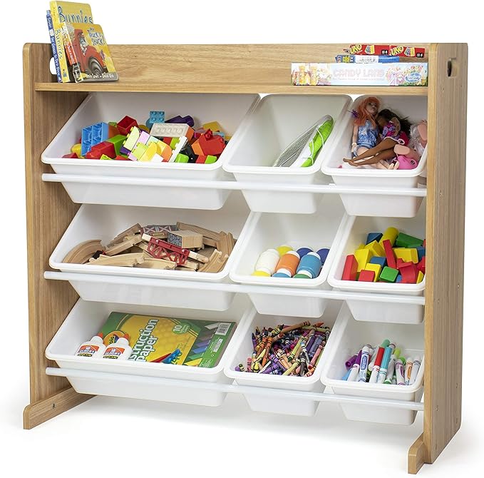 Humble Crew Toy Storage Organizer with Top Shelf and 9 Removable Bins, Natural/White – Toddler Bookshelf with Toy Organizer -