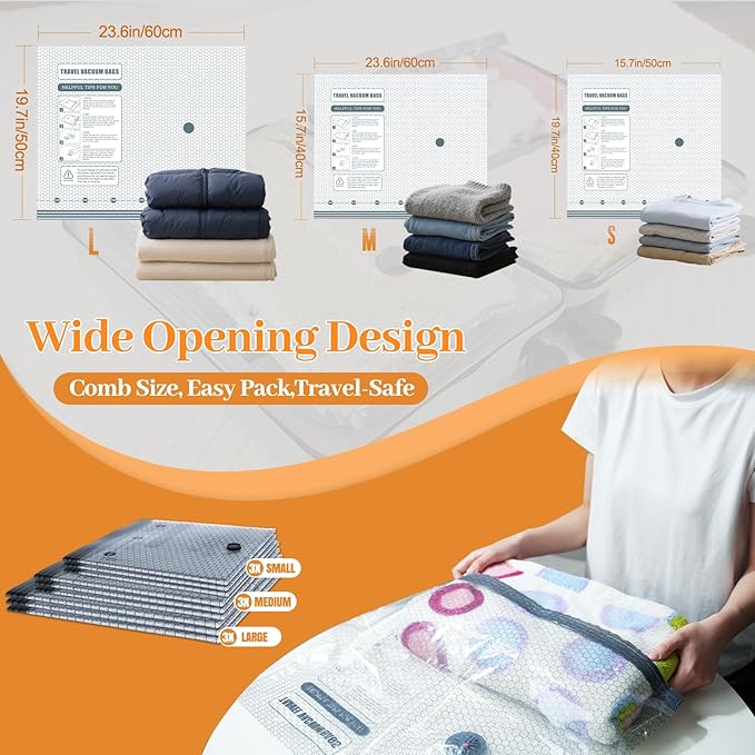 Travel Vacuum Seal Bags for Clothing with Portable Electric Pump, 9 Pack Space Saver Vacuum Storage Bag, Compression Packing 