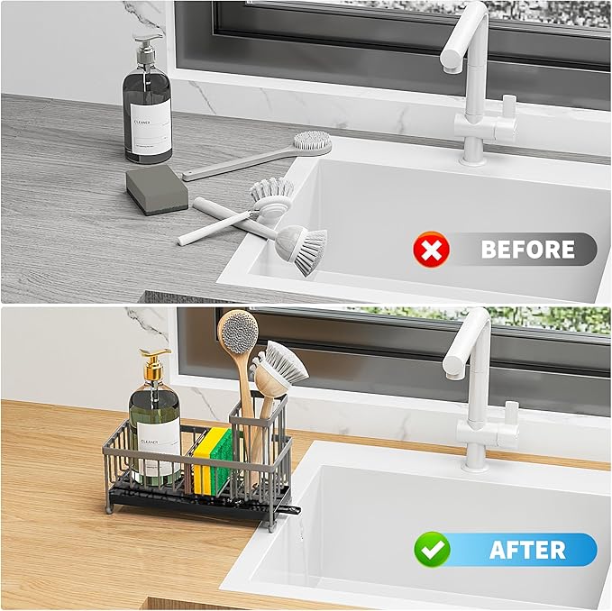 Cisily Sponge Holder for Kitchen Sink, Sink Caddy Organizer with High Brush Holder, Kitchen Countertop Organizers and Storage
