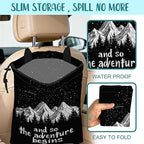 Mountains and Stars Car Garbage Bag The Adventure Begins Drawstring Car Trash Bag Hanging for Back Seat with Adjustable Buckle Canvas Vehicle Trash Can Easy-to-Install