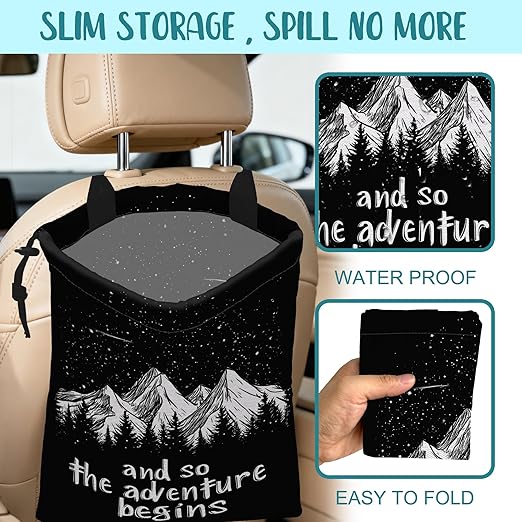 Mountains and Stars Car Garbage Bag The Adventure Begins Drawstring Car Trash Bag Hanging for Back Seat with Adjustable Buckle Canvas Vehicle Trash Can Easy-to-Install