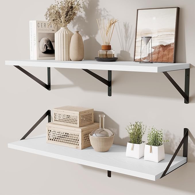 Floating Shelf for Wall,32" WX10 D Wood Floating Shelves with Sturdy Metal Bracket Set of 2,Wall Mounted Hanging Shelf for Ba